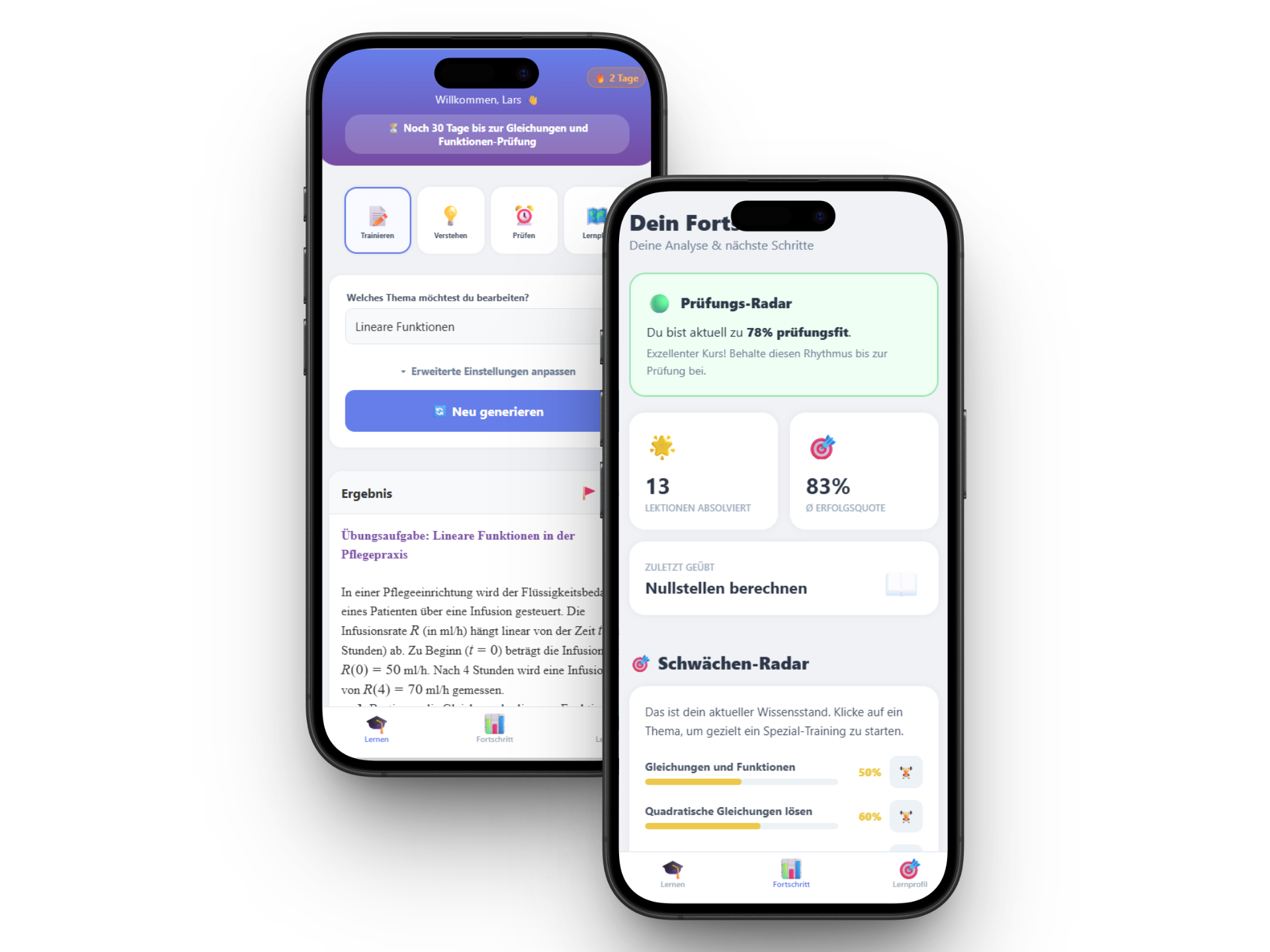 Maturio Schweizer KI-Tutor App – Dashboard und Schritt-für-Schritt-Mathematiklösung